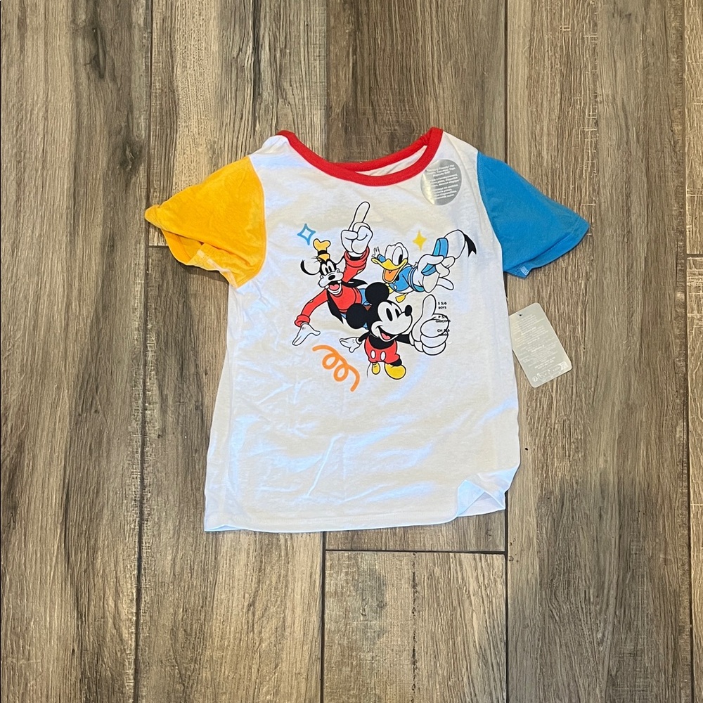 Disney Kids Mickey Mouse White T-Shirt with Red, Yellow, and Blue Sleeves